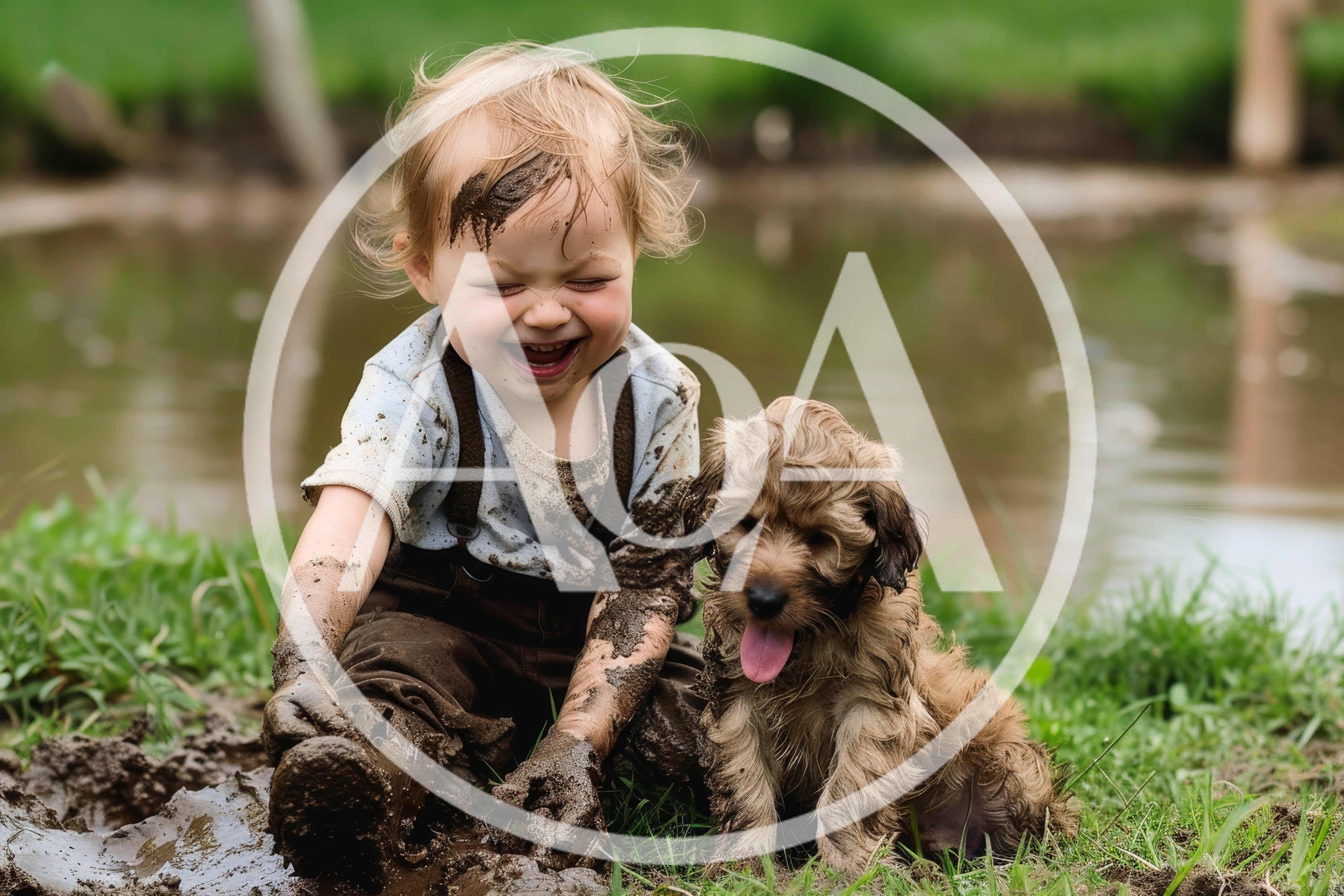 Toddler Playing In Mud With A Puppy