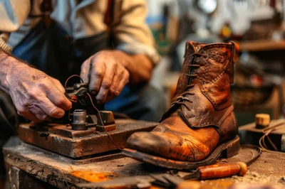 Artisan Cobbler Repairing A Vintage Leather Boot