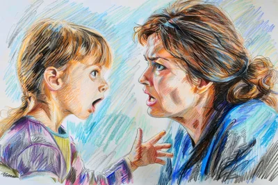 Colored Pencil Drawing Of A Mother And Daughter Arguing