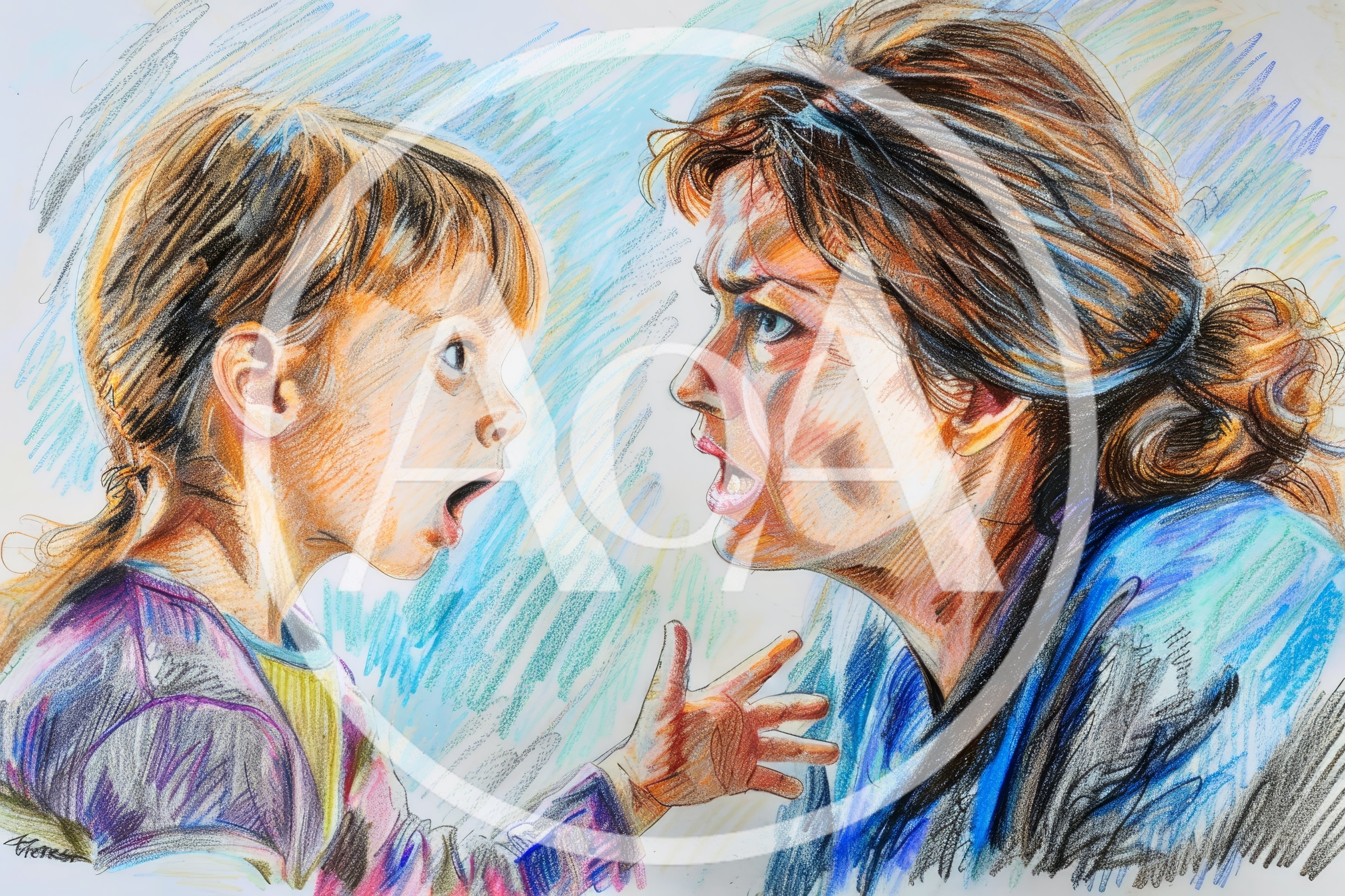 Colored Pencil Drawing Of A Mother And Daughter Arguing