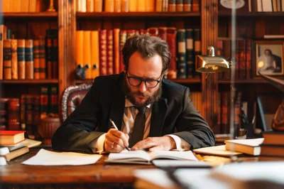 Bearded Professional Writing In A Classic Library Office