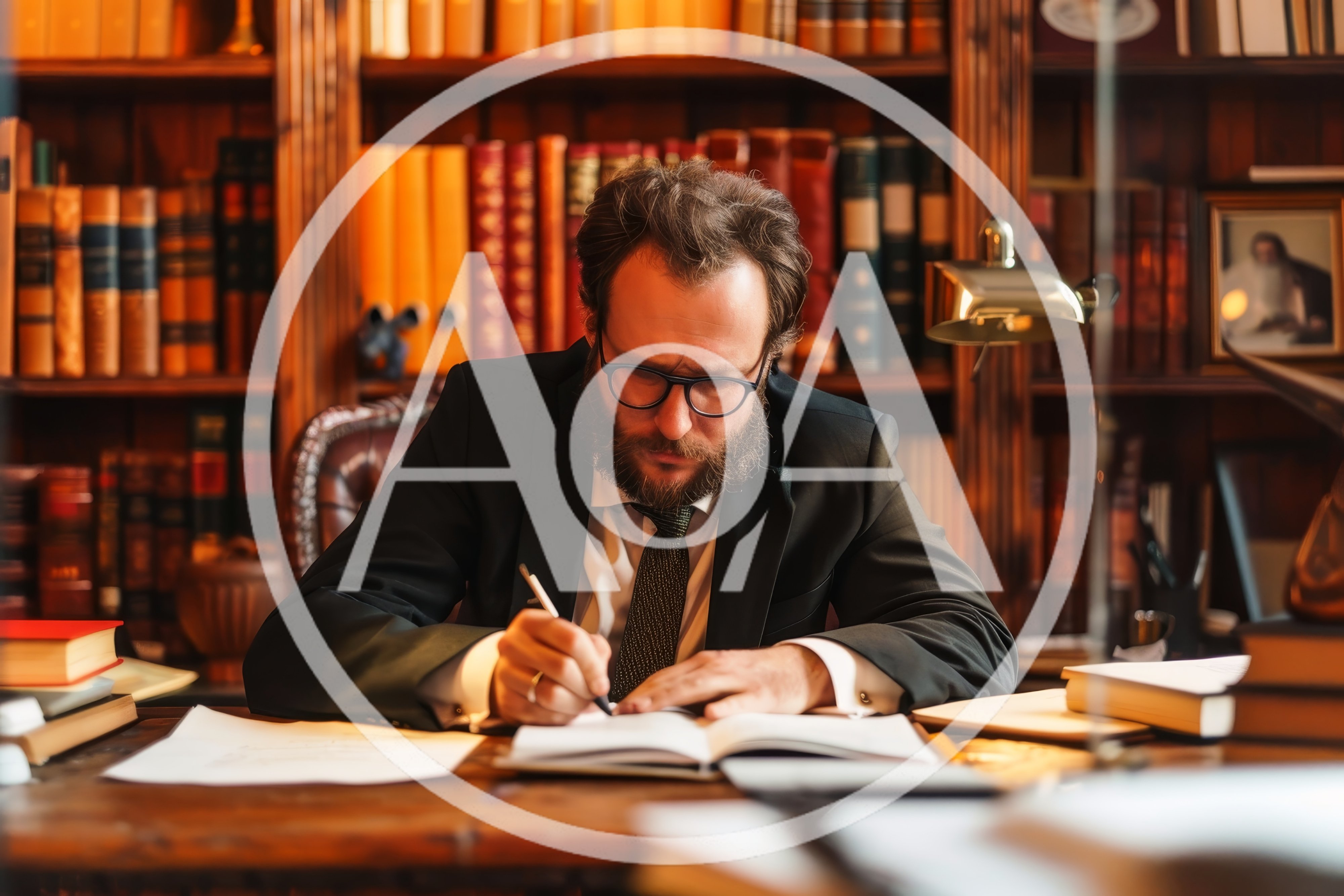 Bearded Professional Writing In A Classic Library Office