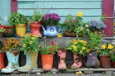 Colorful Rain Boot Planters With Vibrant Garden Flowers
