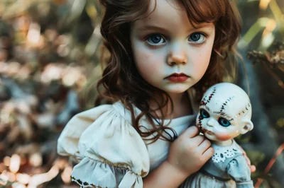 Young Girl Holding A Creepy Vintage Doll