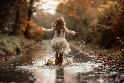 Little Girl Jumping In A Muddy Puddle