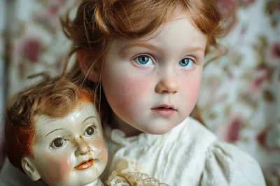 Young Girl With Red Hair Holding Vintage Doll
