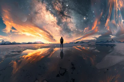 Lone Person Standing On Frozen Lake Under Milky Way