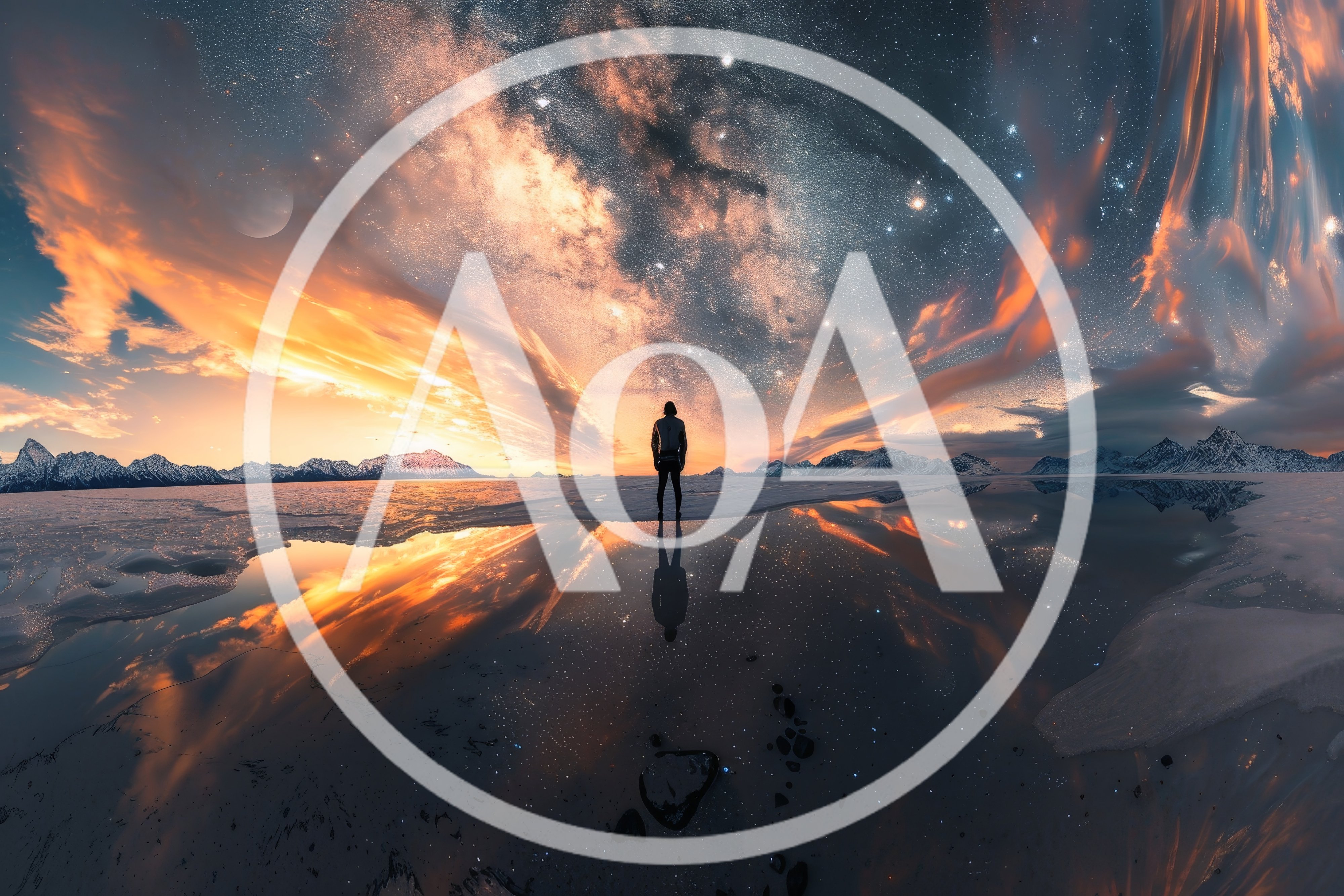 Lone Person Standing On Frozen Lake Under Milky Way