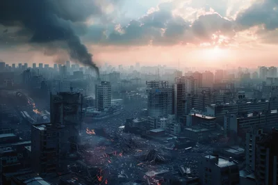 Post-Apocalyptic Cityscape With Smoke And Debris