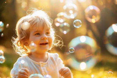 Happy Toddler Girl Playing With Bubbles Outdoors