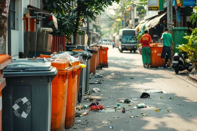 Overflowing Trash Bins On A Busy City Street