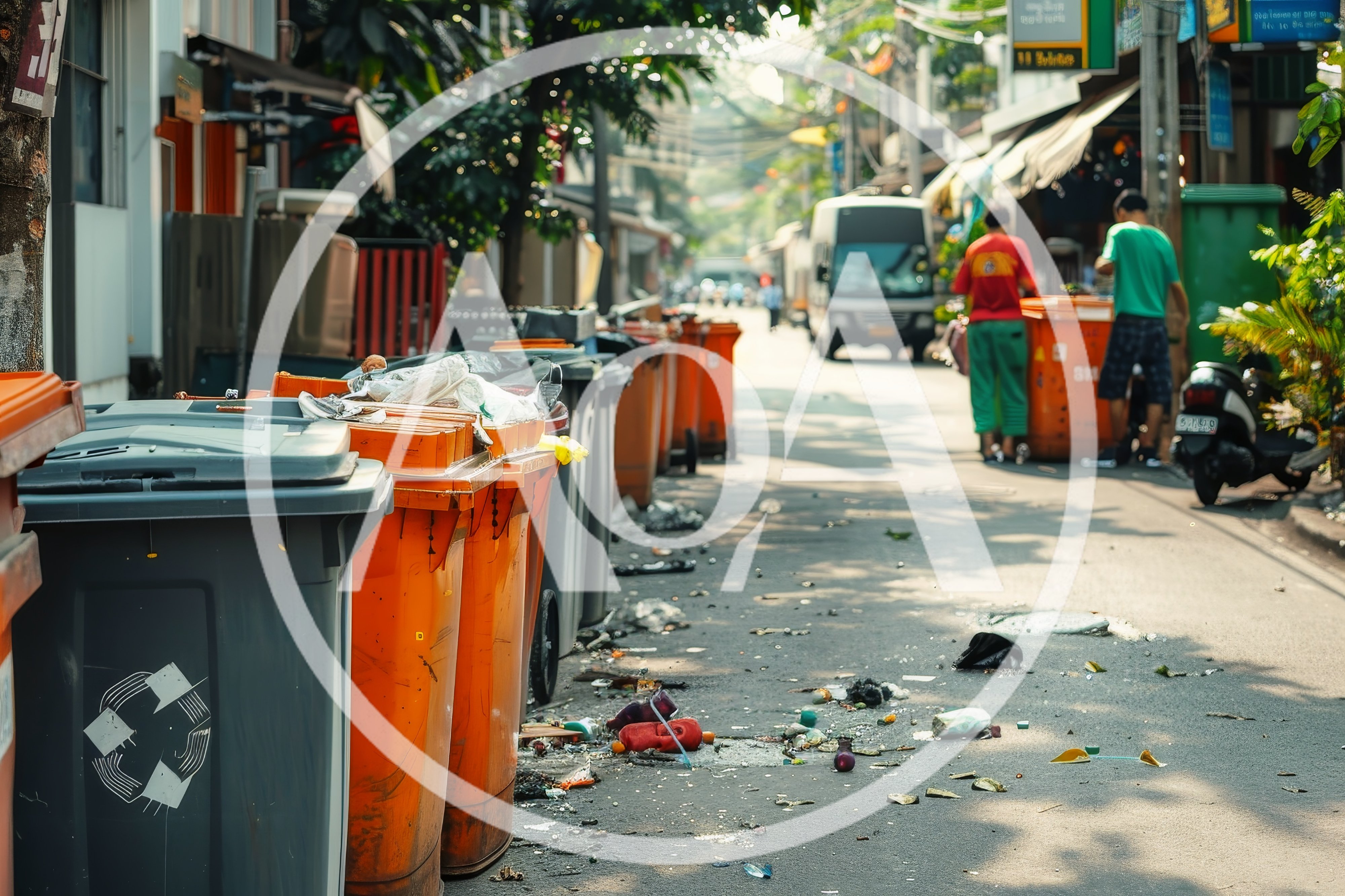 Overflowing Trash Bins On A Busy City Street