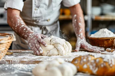 Professional Baker Kneading Braided Dough In A Bakery
