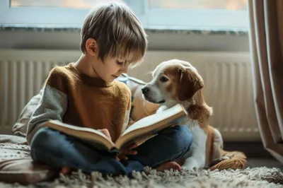 Young Boy Reading Book With His Dog
