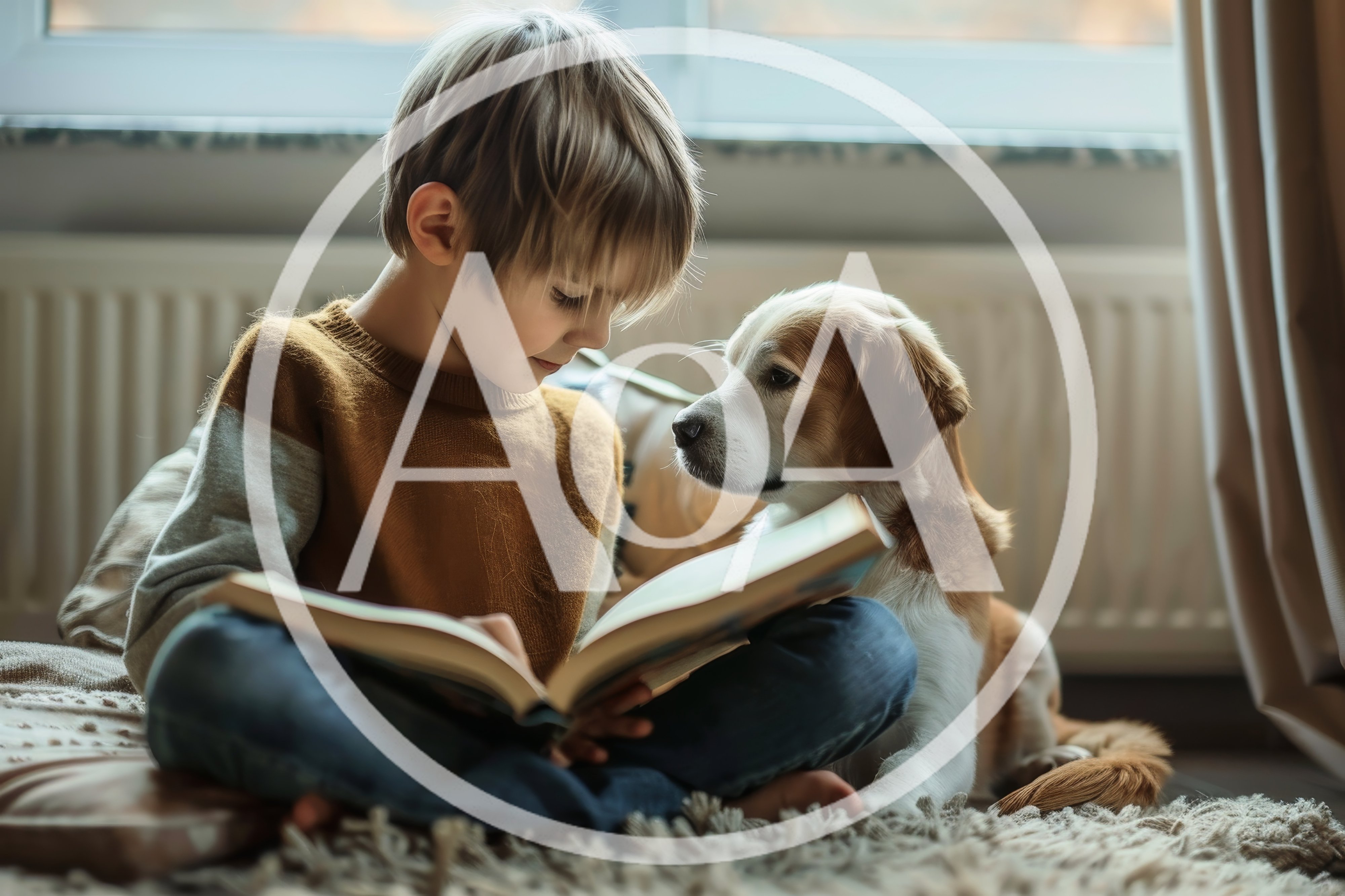 Young Boy Reading Book With His Dog