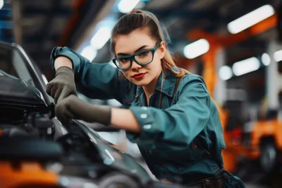 Female Mechanic Working on Car Engine in Workshop