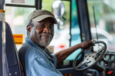 Friendly Senior Bus Driver Smiling At The Wheel
