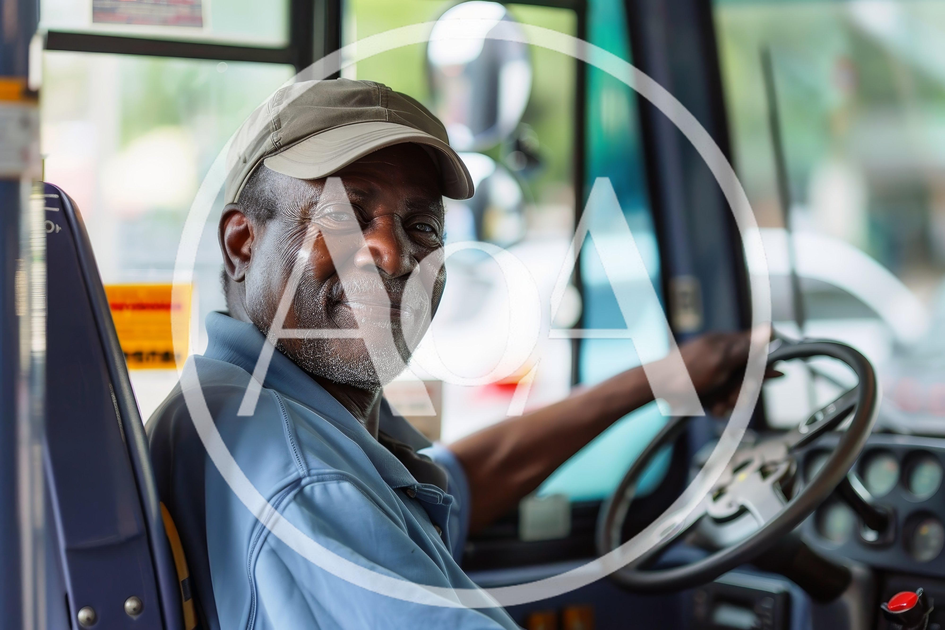 Friendly Senior Bus Driver Smiling At The Wheel