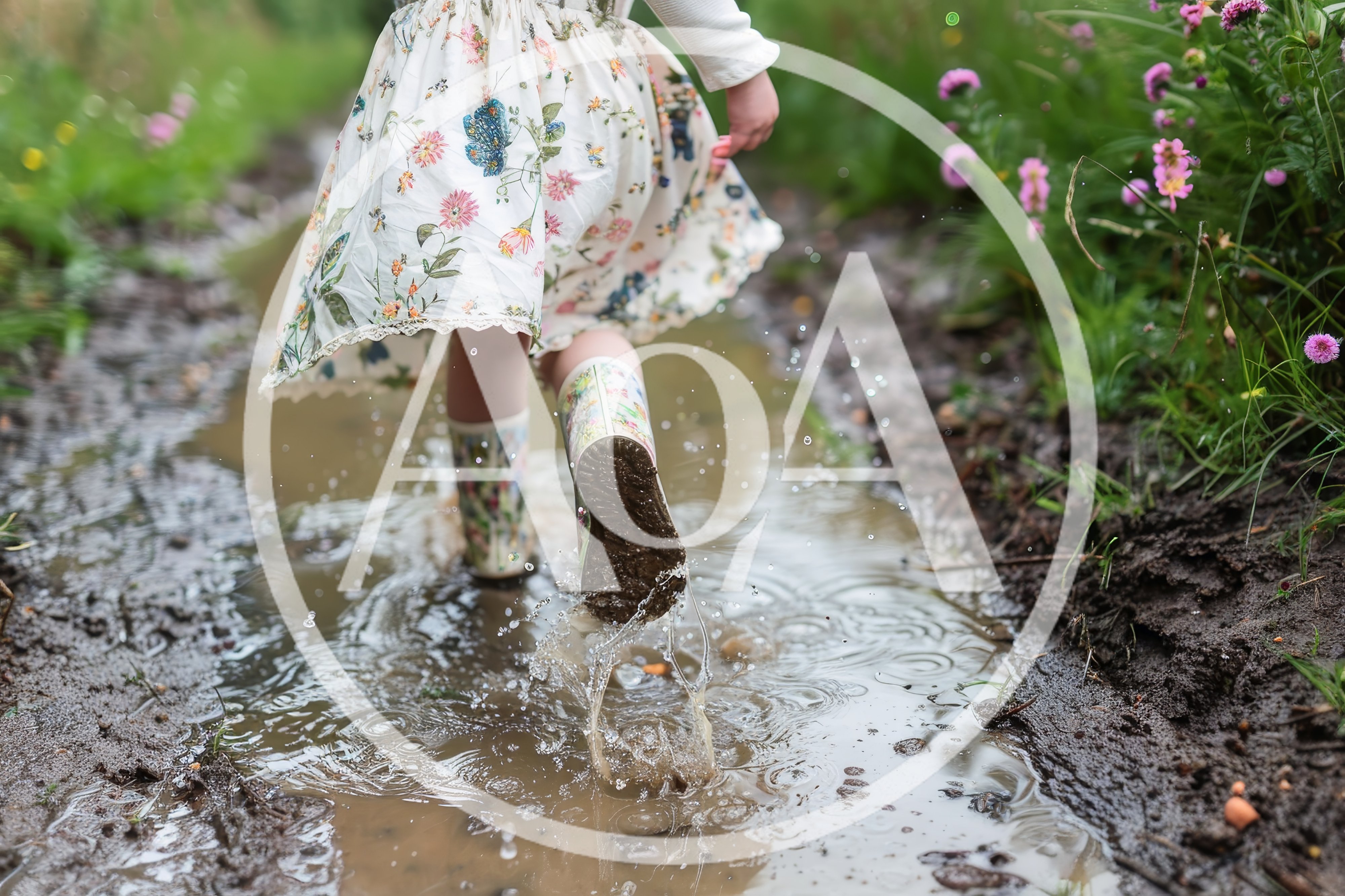 Child Wearing Floral Boots Splashing In A Muddy Puddle