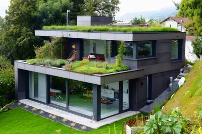 Modern Sustainable House With Green Roof And Glass Walls