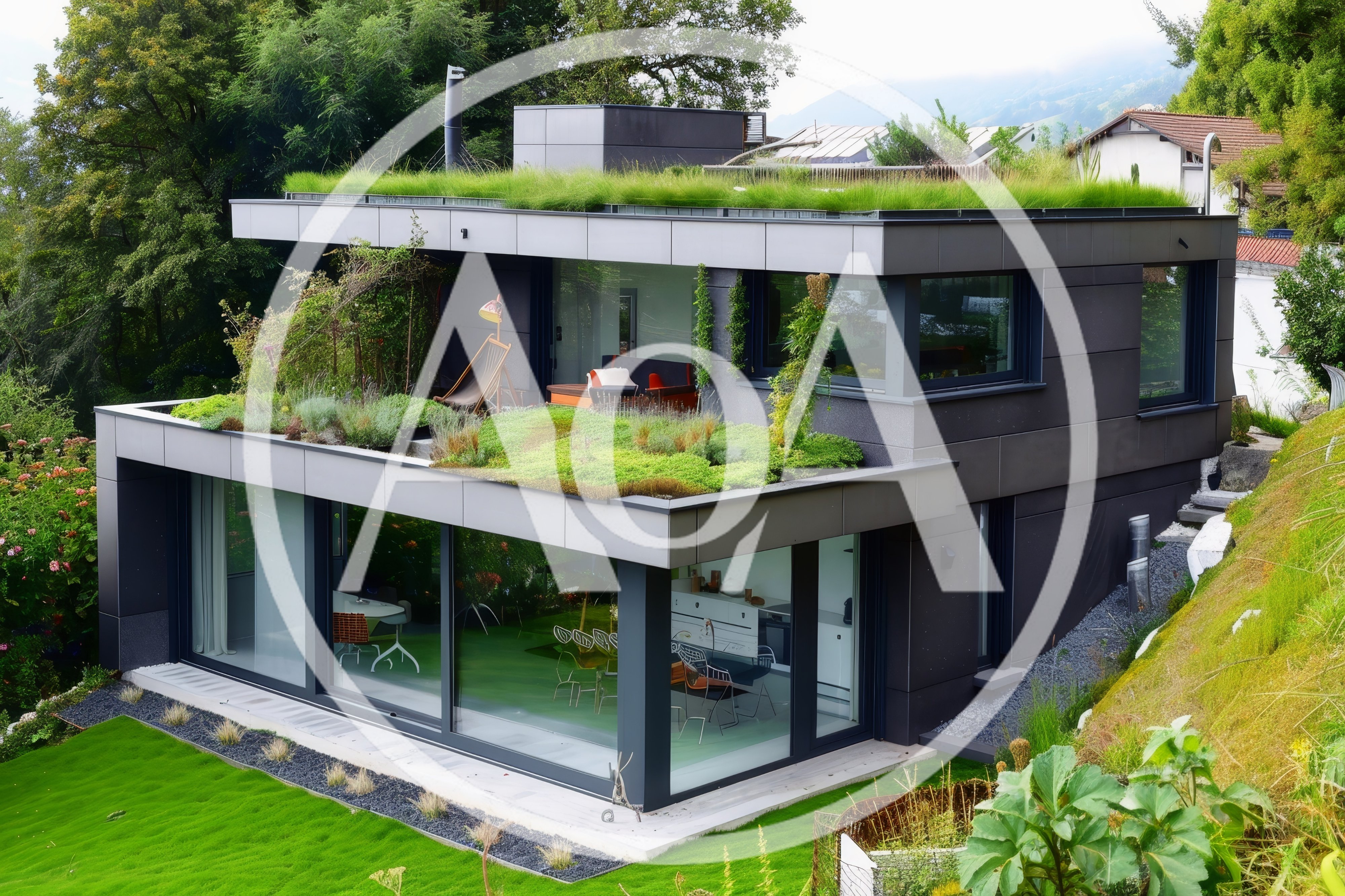 Modern Sustainable House With Green Roof And Glass Walls
