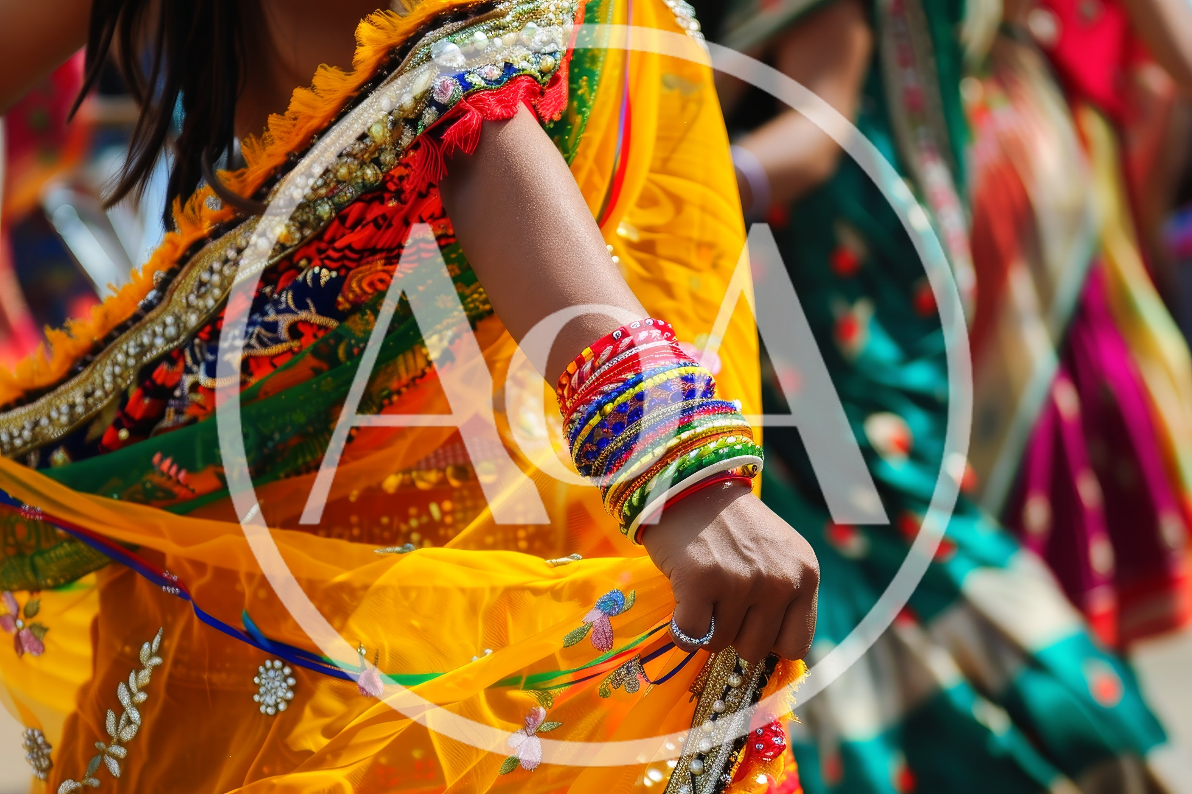 Indian Woman Dancing In Traditional Yellow Saree
