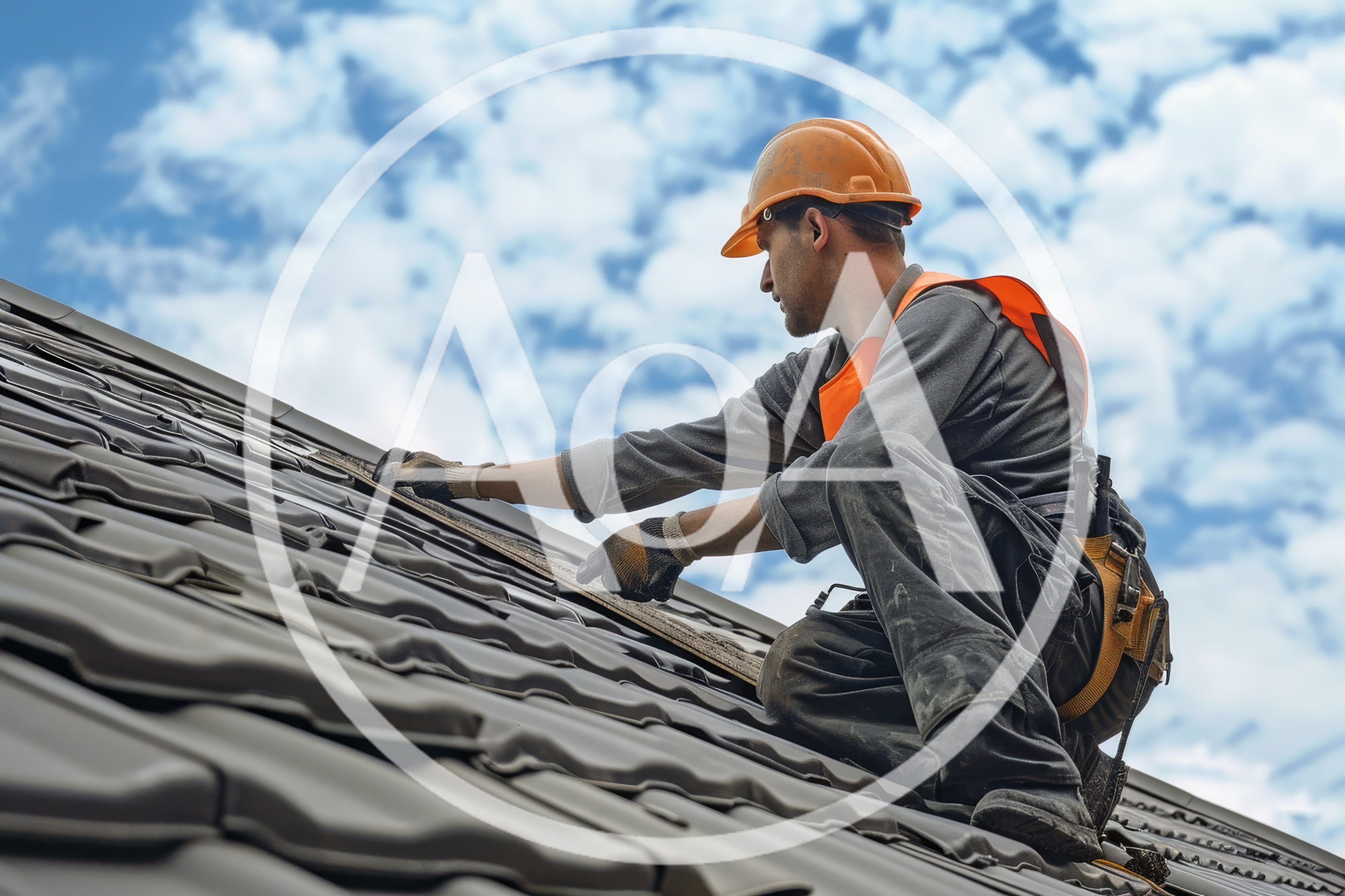 Construction Worker Installing Roof Tiles On Residential House