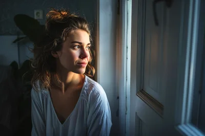 Young Woman Looking Out A Window In Soft Light