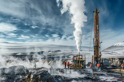 Geothermal Drilling Operation In Snowy Volcanic Landscape