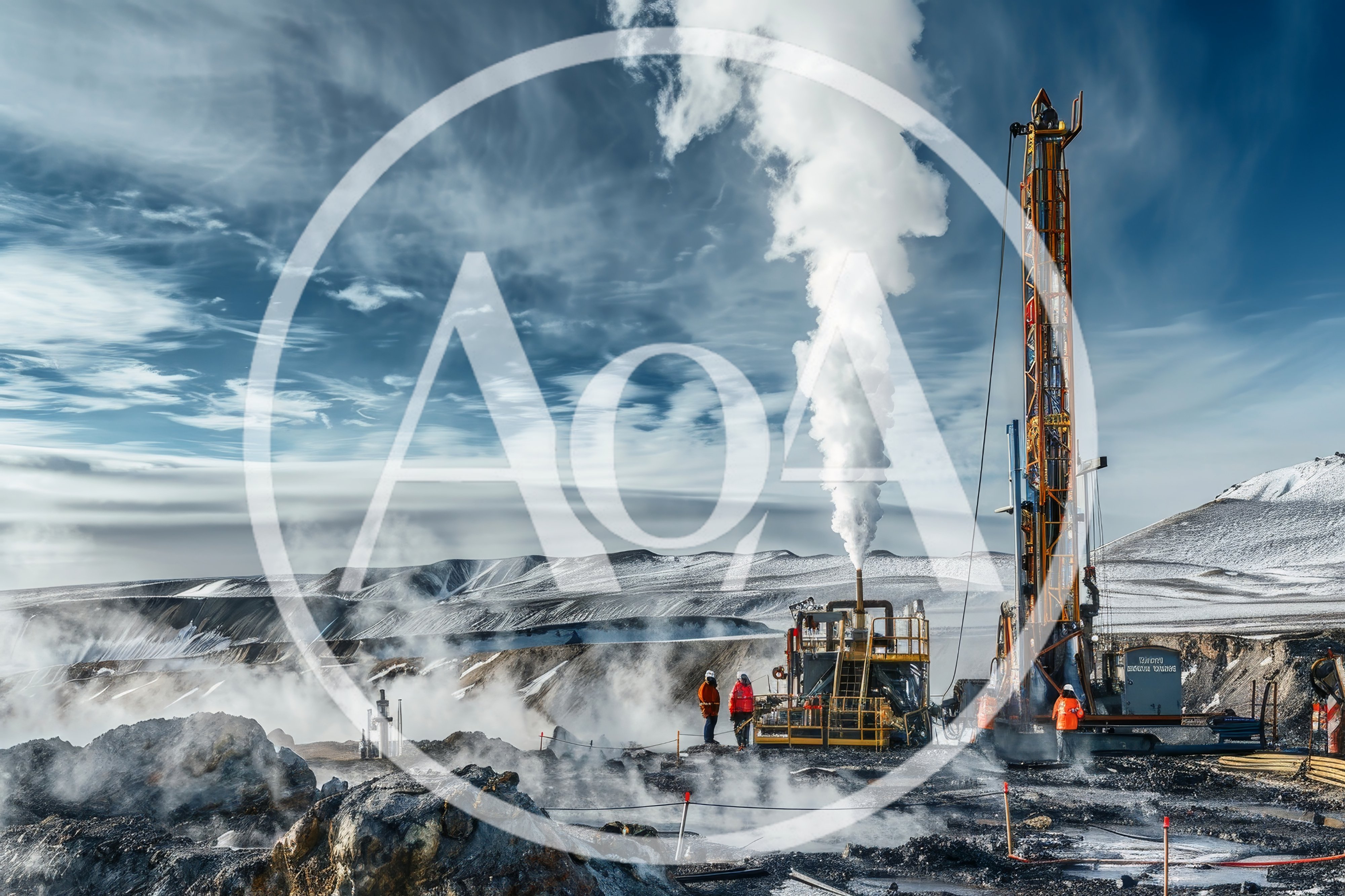 Geothermal Drilling Operation In Snowy Volcanic Landscape