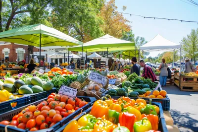 People Shopping at a Sunny Outdoor Farmers Market