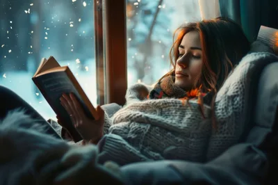 Young Woman Reading Book By Snowy Window