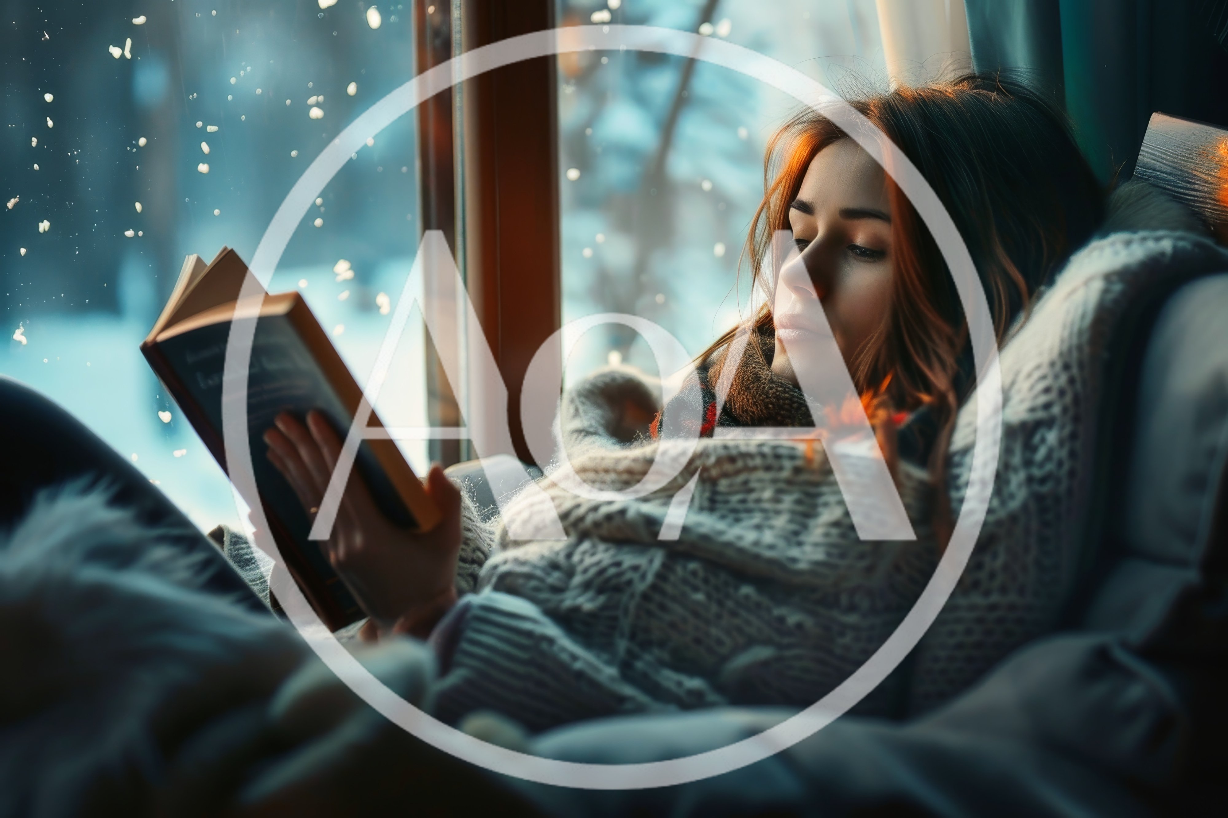 Young Woman Reading Book By Snowy Window