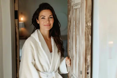 Woman In White Bathrobe Standing In Doorway