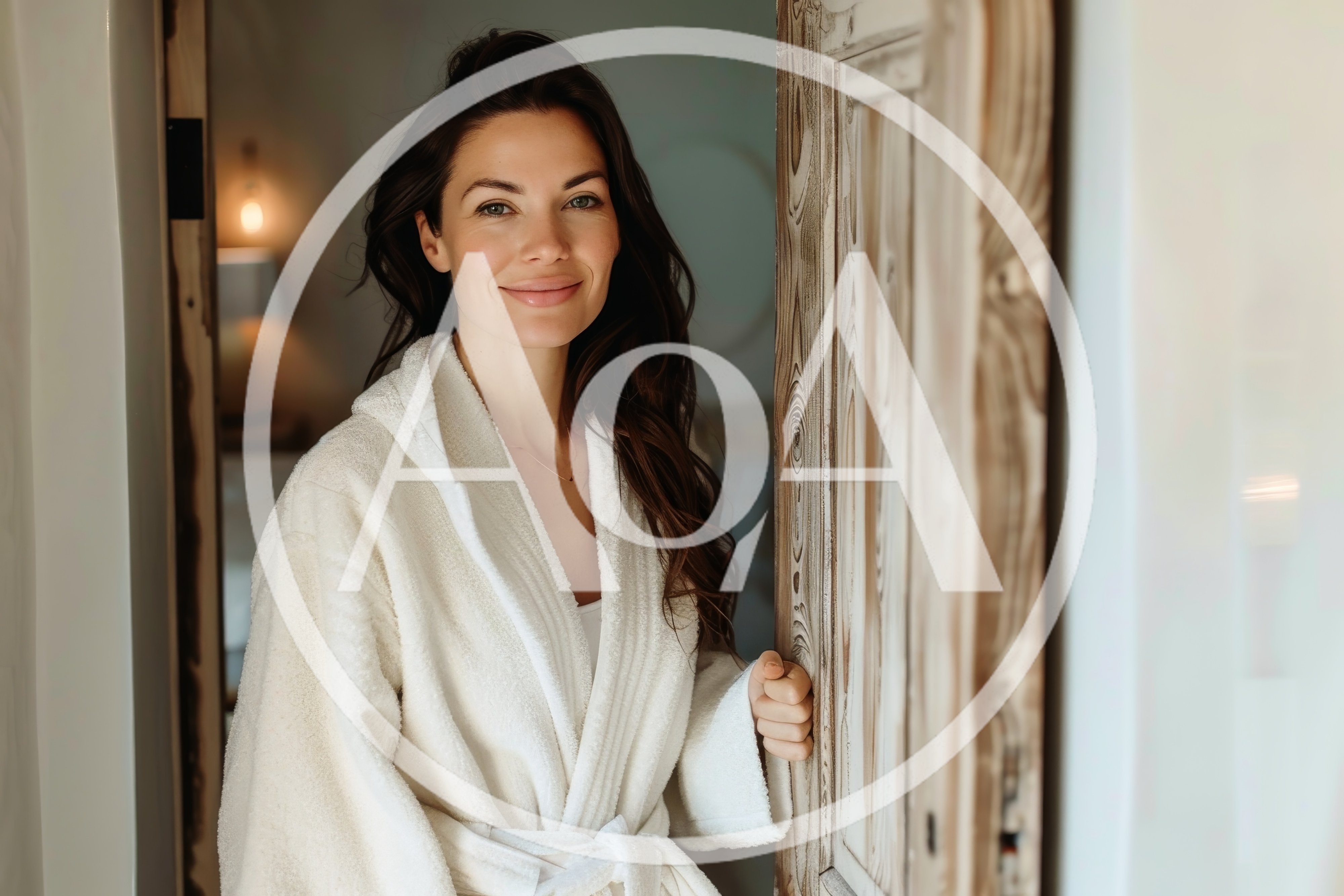 Woman In White Bathrobe Standing In Doorway