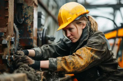 Female Construction Worker Repairing Heavy Machinery