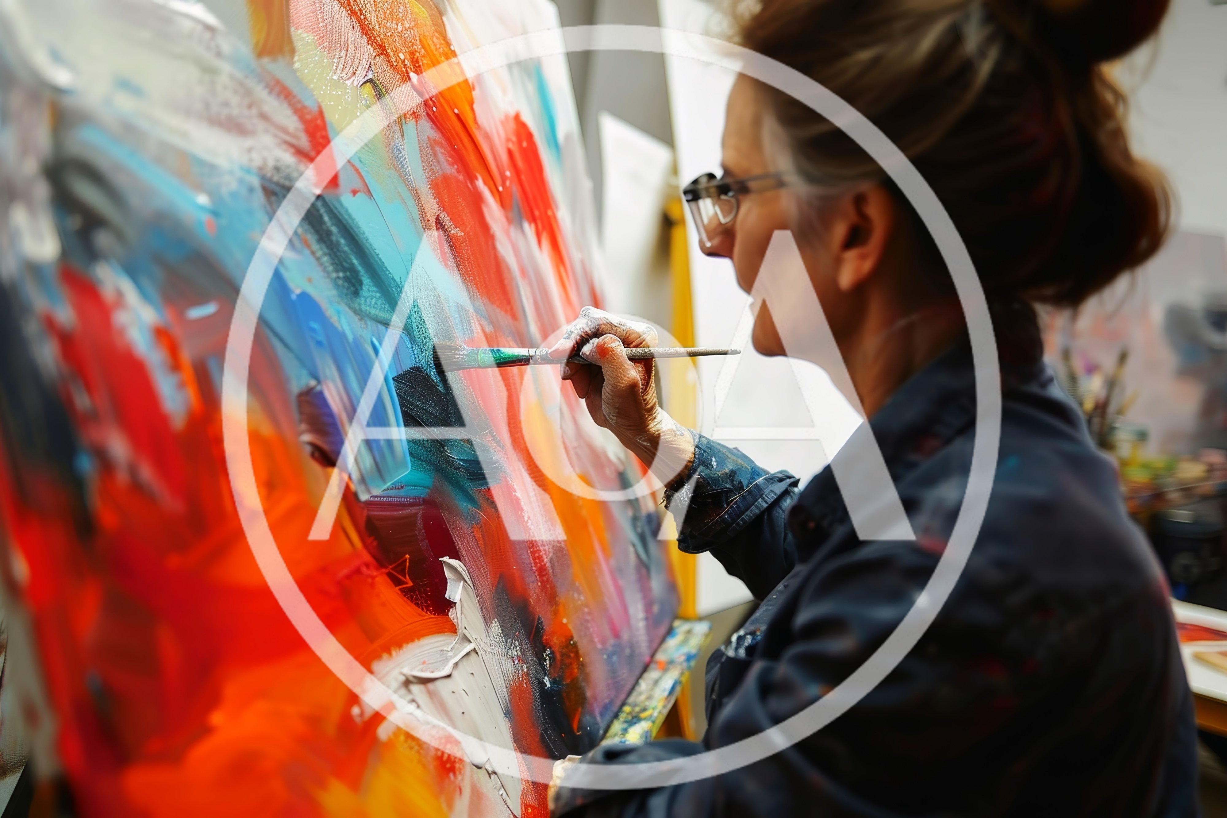 Mature Female Artist Painting Abstract Art In Studio