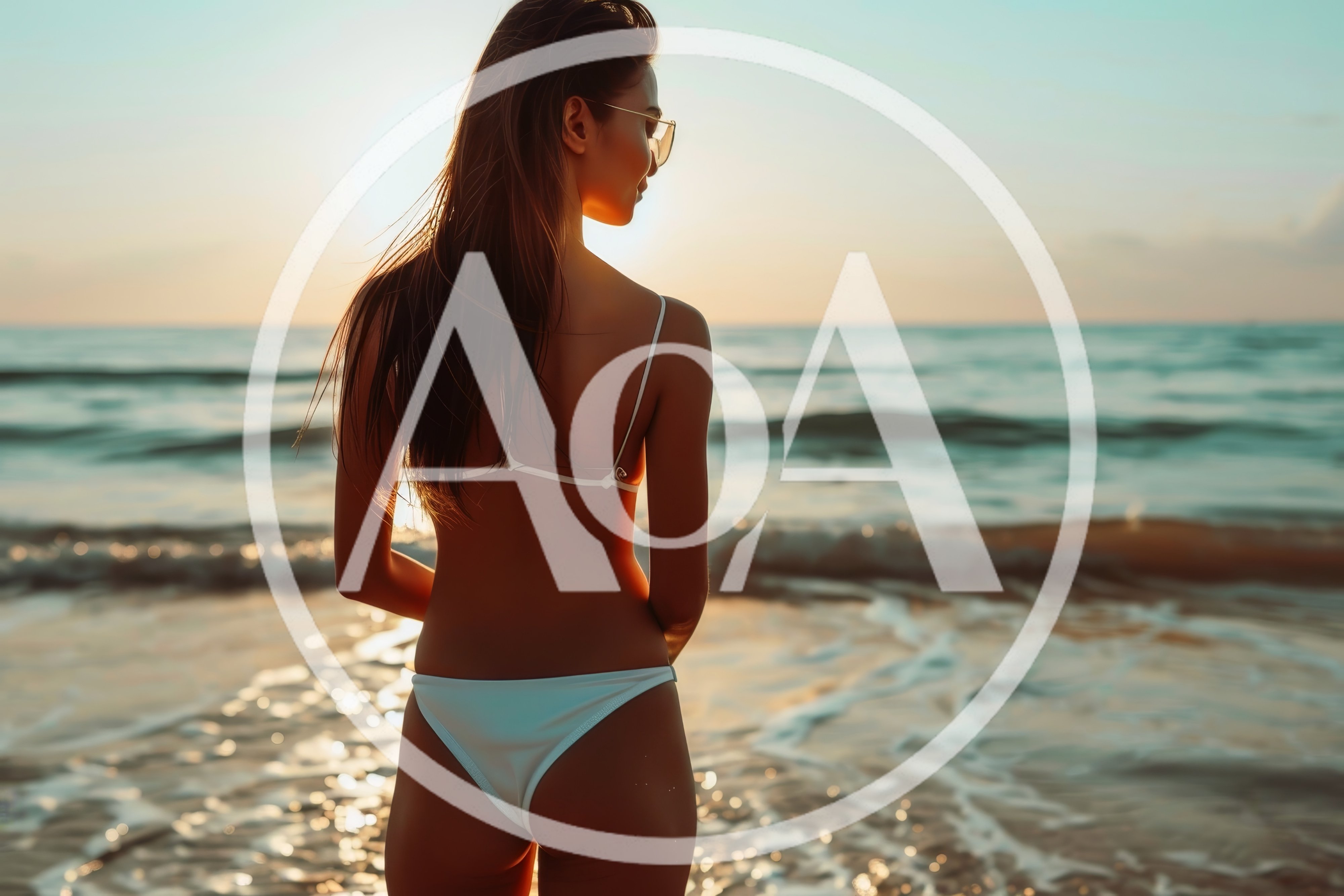 Woman In White Bikini Standing On Beach At Sunset
