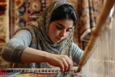 Young Woman Weaving A Traditional Persian Rug