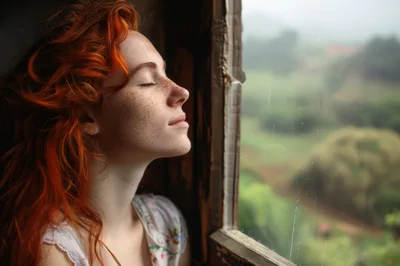 Young Woman With Red Hair Looking Out Window
