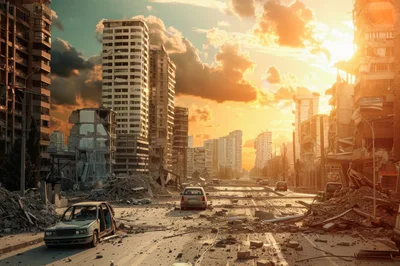 Ruined City Street After War Destruction