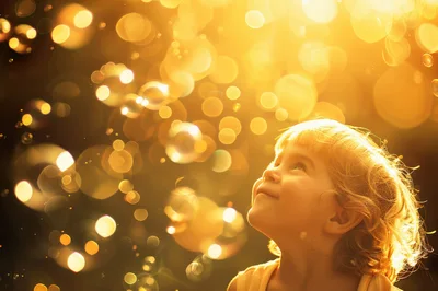 Young Child Watching Floating Bubbles In Golden Sunlight