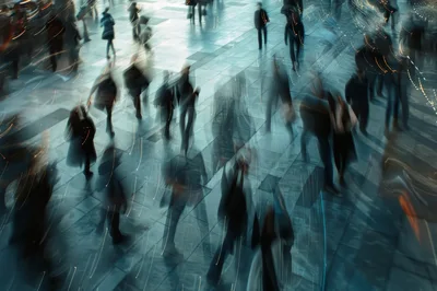 Blurred Commuters Walking Through A Busy City Plaza