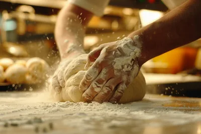 Baker Kneading Fresh Dough On A Floured Surface