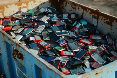 Pile of Discarded Mobile Phones in a Dumpster