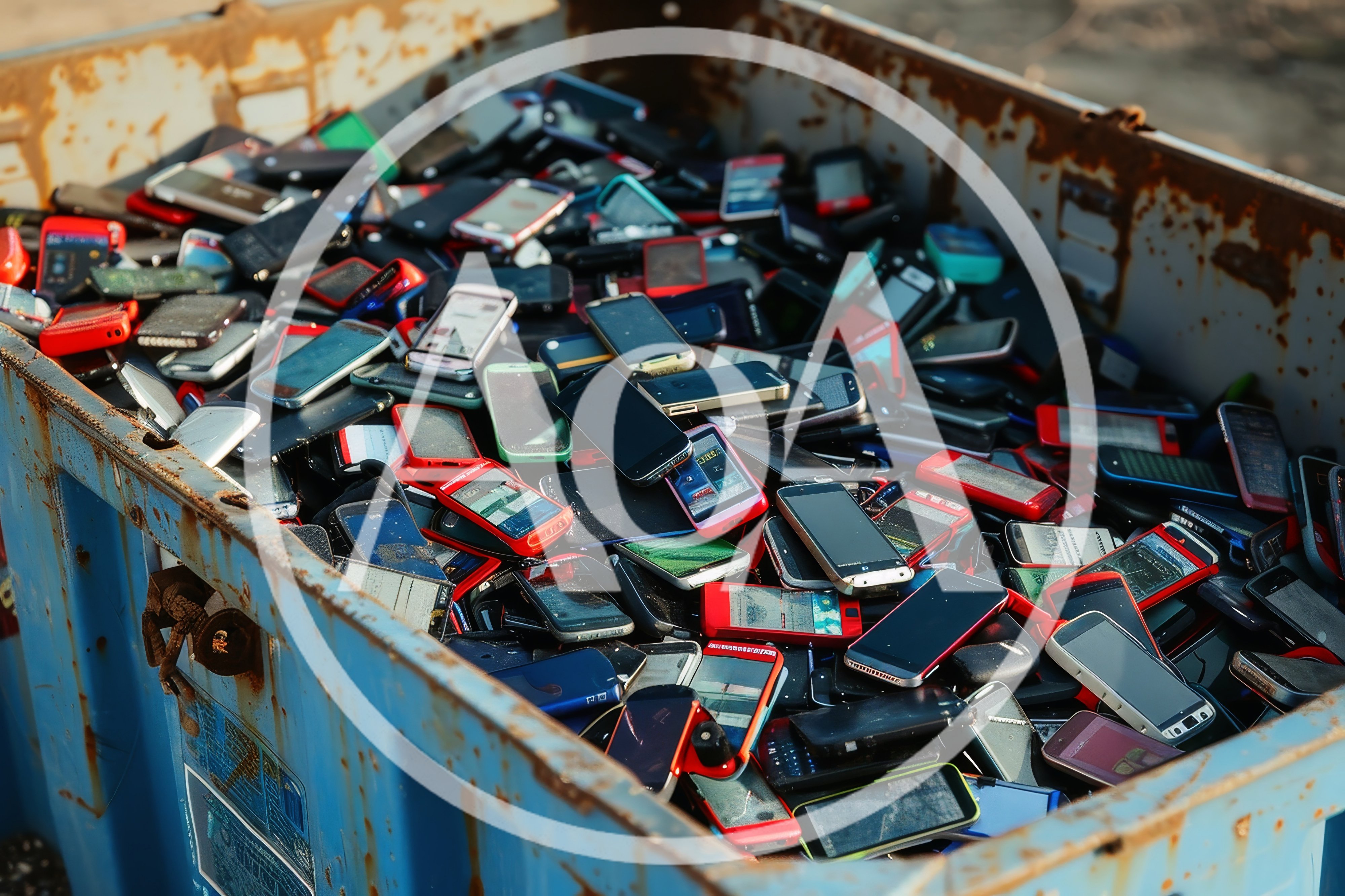 Pile of Discarded Mobile Phones in a Dumpster