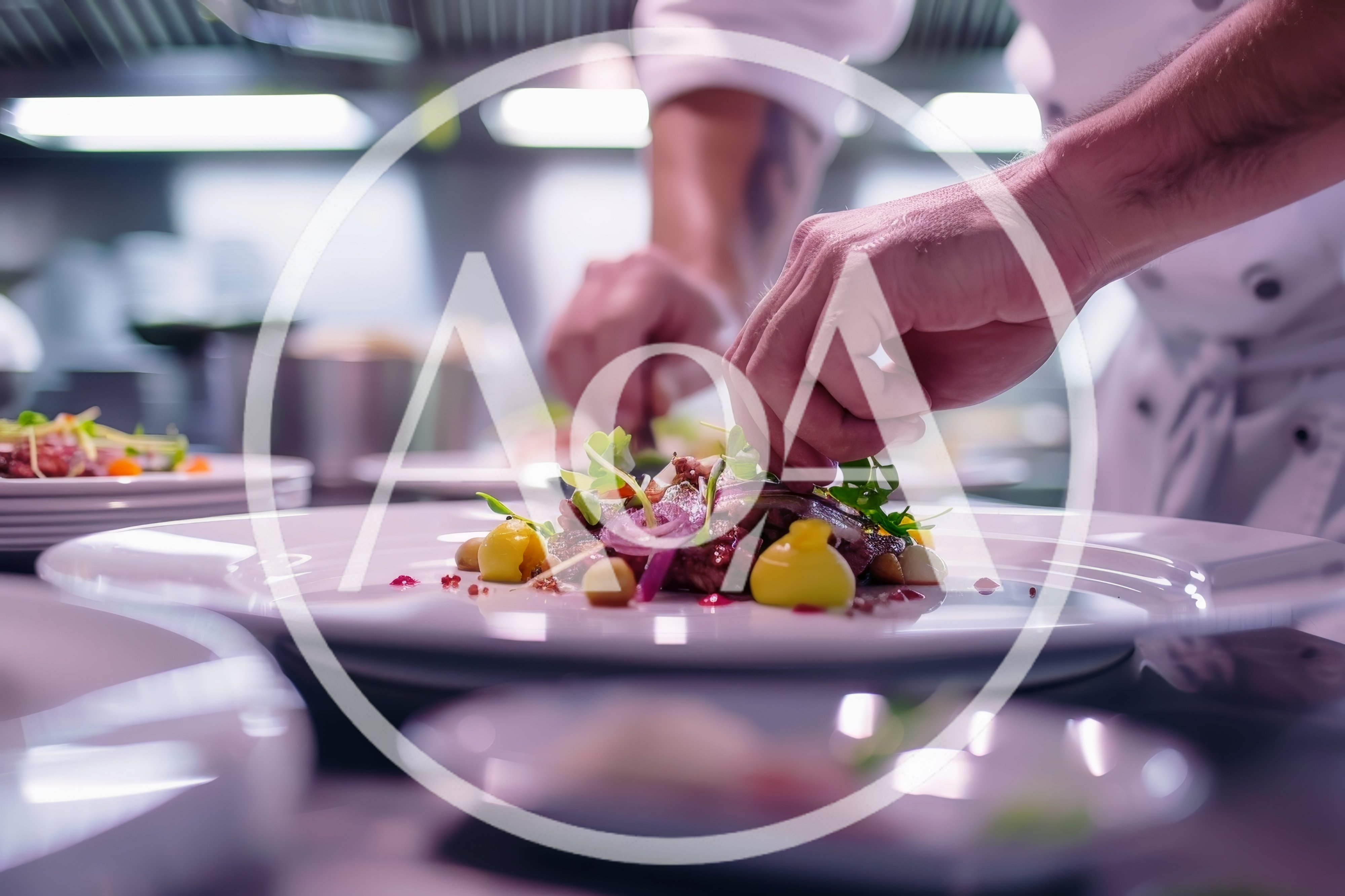 Professional Chef Plating Gourmet Dish In Restaurant Kitchen
