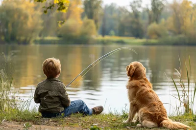 Young Boy Fishing With Golden Retriever By The Lake