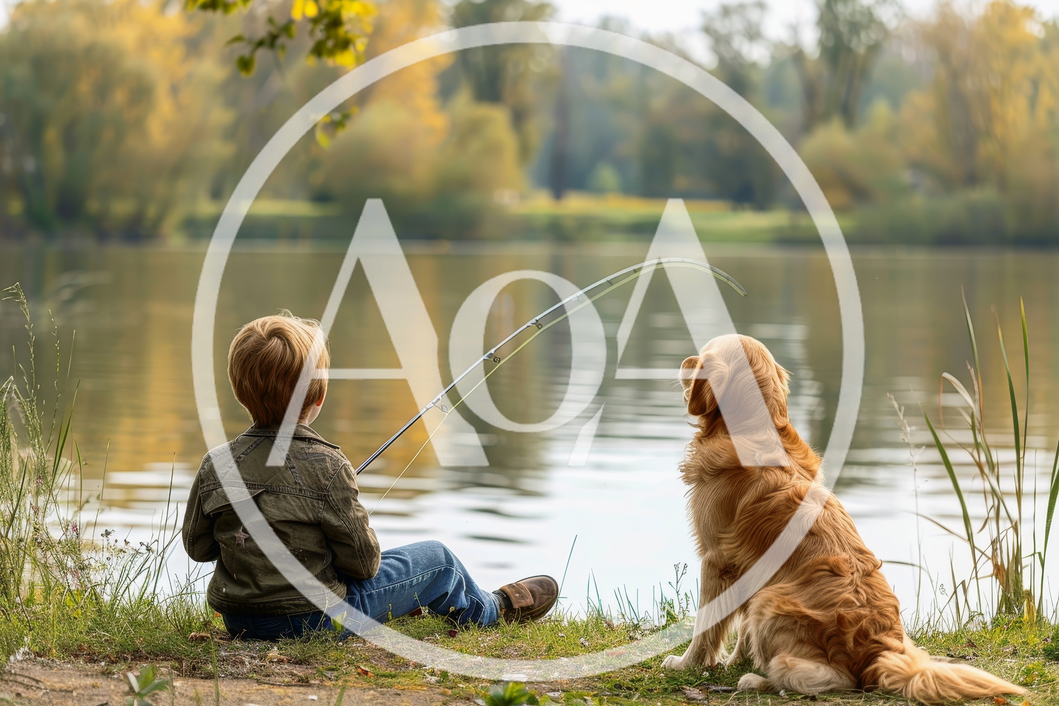 Young Boy Fishing With Golden Retriever By The Lake