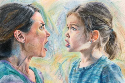 Colored Pencil Drawing Of A Mother Scolding Her Daughter